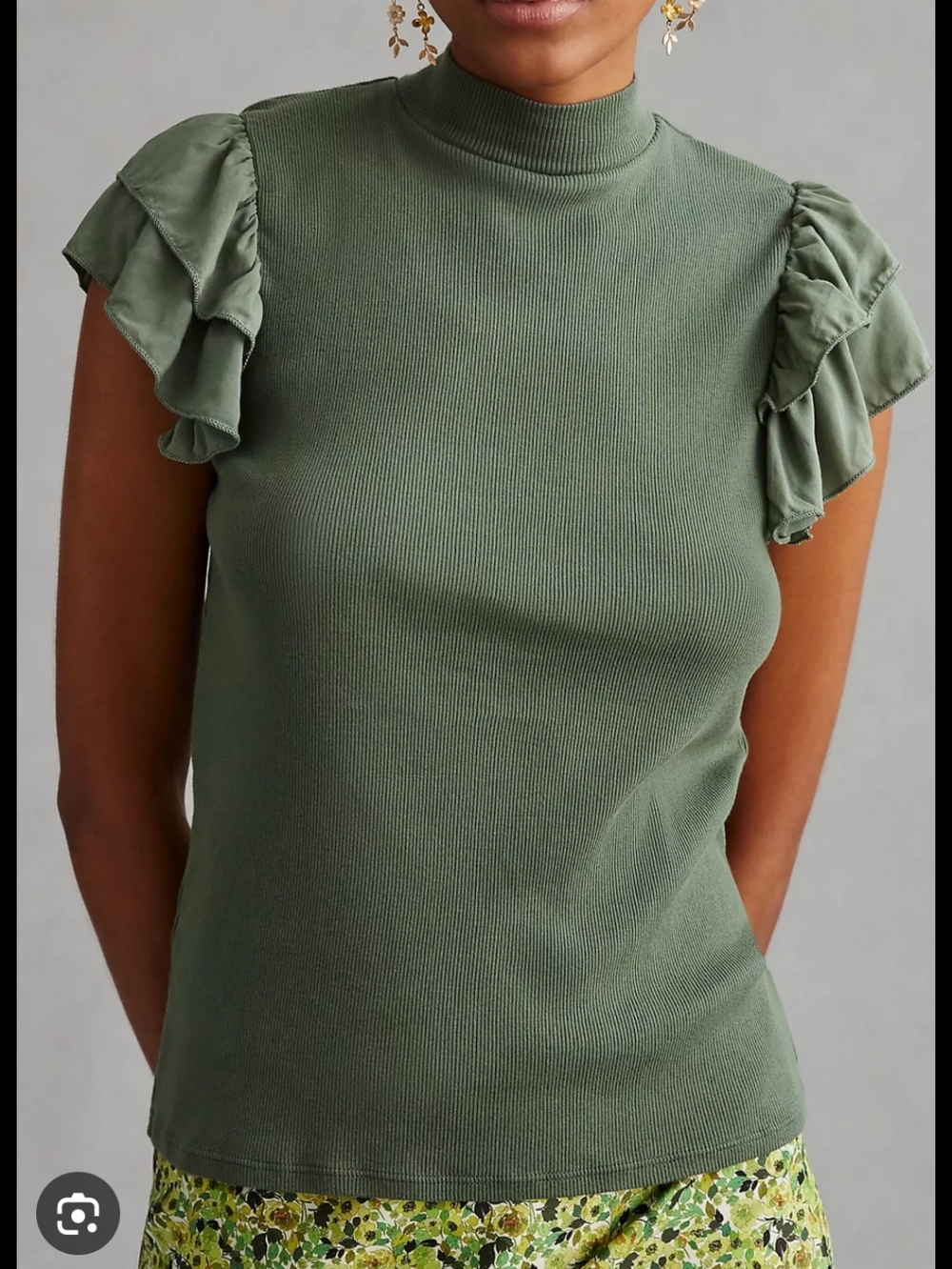 ANTHROPOLOGIE T.La WOMEN'S GREEN RUFFLE CAP SLEEVE MOCKNeck Top